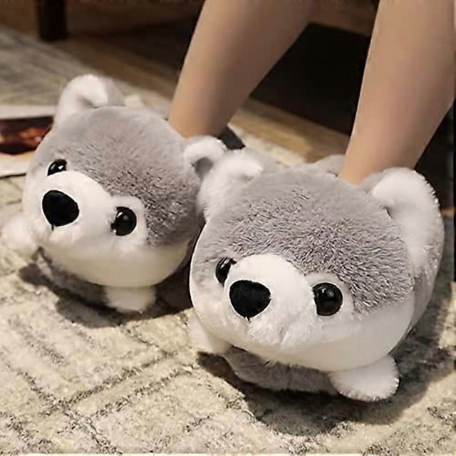 Rabbit/Hamster/Dog Shaped Plush Slippers, Creative Wrapping Fuzzy Warm Lined Winter Drag Shoes for Adults Indoors 35-41CM Huskie One Size