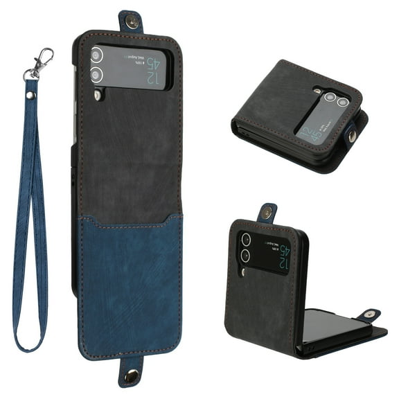 Dteck Galaxy Z Flip 3 Case, Z Flip 3 5G Case Wallet for Women Men, Slim PU Leather Magnetic Flip Closure Wrist Strap Card Holder Wallet Case for Samsung Galaxy Z Flip 3,Blue