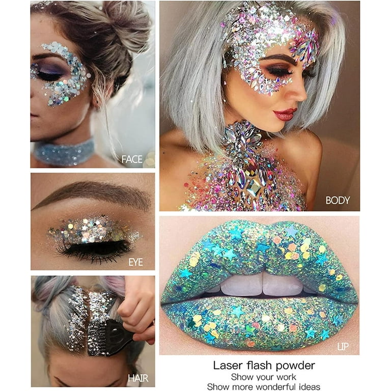 Mermaid Body Glitter Holographic Glitter Liquid for Festival Make Up,Face  Glitter Sequins Chunky for Hair and Eyeshadow Long-Lasting No Glue Needed  and Easy to Remove. 