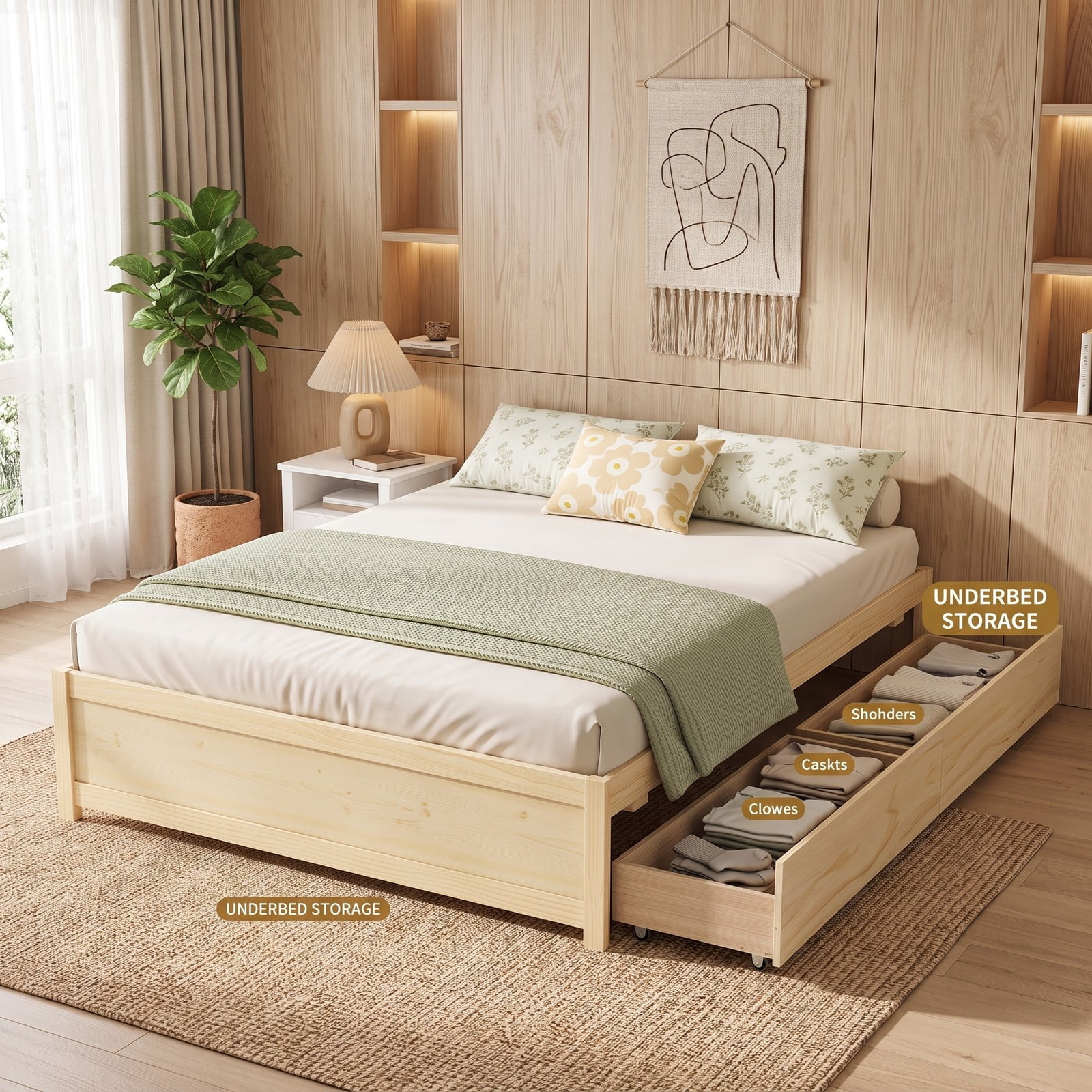 Furnibear Full Size Bed Frame with Storage, Wooden Platform Bed Frame with 2 Rolling Drawers, Full Bed Frame No Box Spring, Natural