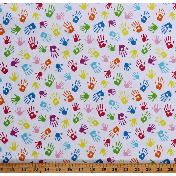 Cotton Kids Hand Painting Fingers Hands Art Academic White Cotton Fabric Print by the Yard (116654)
