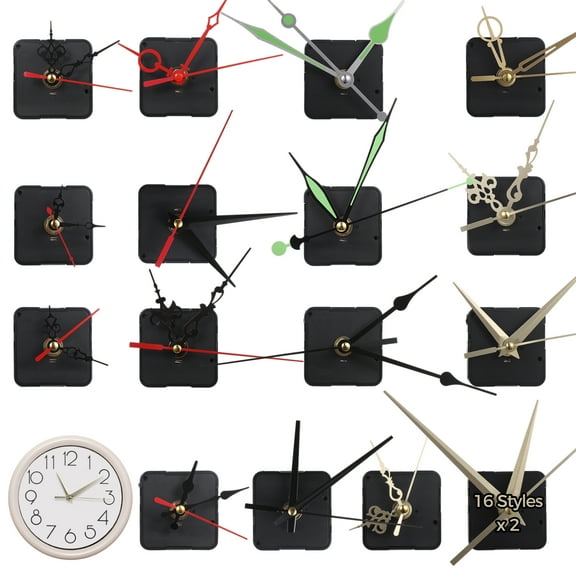 32 PCS Quartz Clock Movement, Silent Quartz Clock Mechanism with Assorted Hands for DIY Wall Clocks, 16 Designs Include Luminous, Replacement Parts for Cross Stitch, Wood Crafts, Frame Clocks