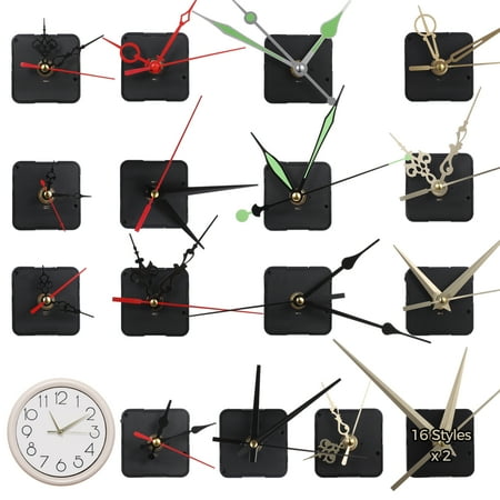 32 PCS Quartz Clock Movement, Silent Quartz Clock Mechanism with Assorted Hands for DIY Wall Clocks, 16 Designs Include Luminous, Replacement Parts for Cross Stitch, Wood Crafts, Frame Clocks