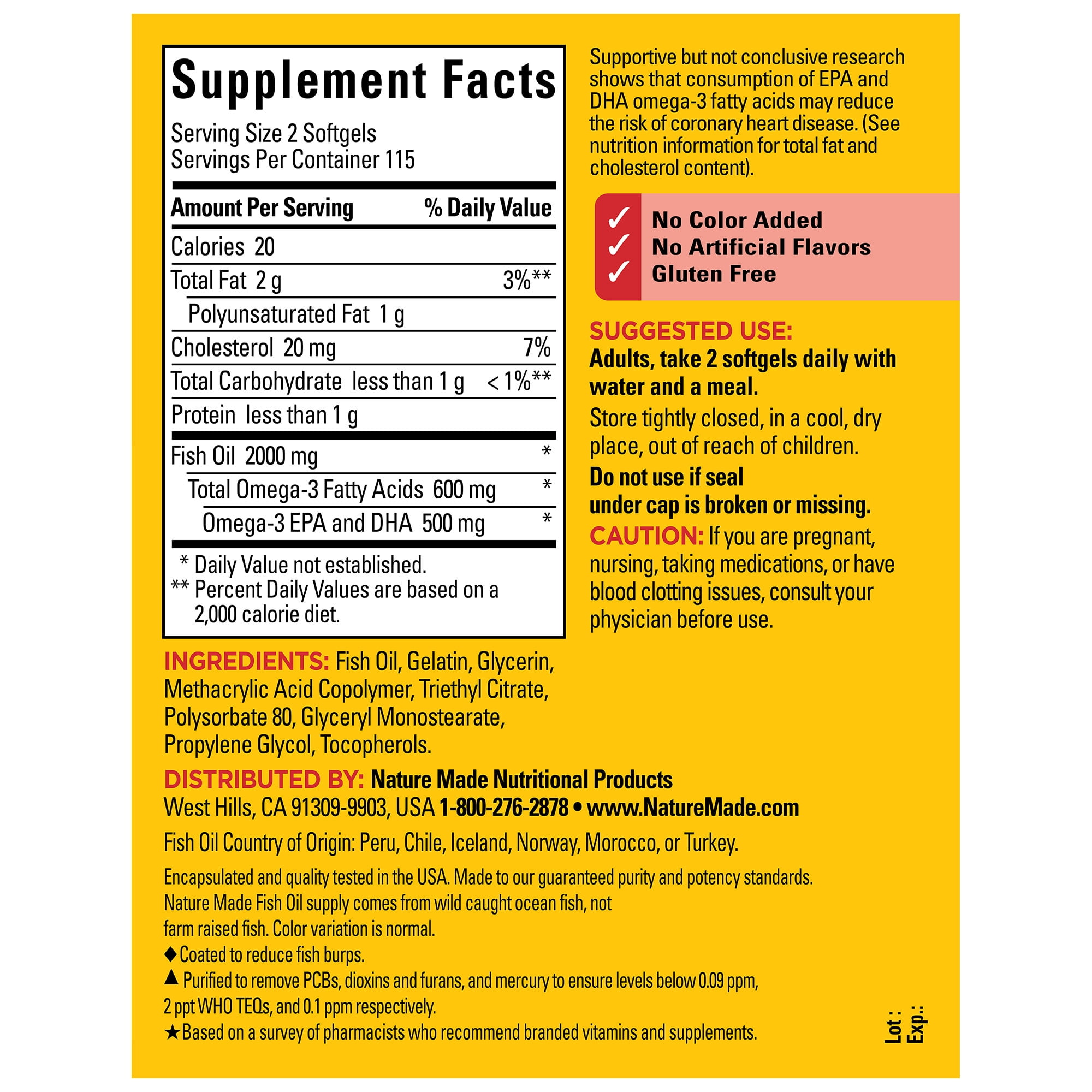 Nature Made Burp Less Fish Oil 2000 mg per Serving Softgels, Omega 3 Fish Oil Supplements, 230 Count