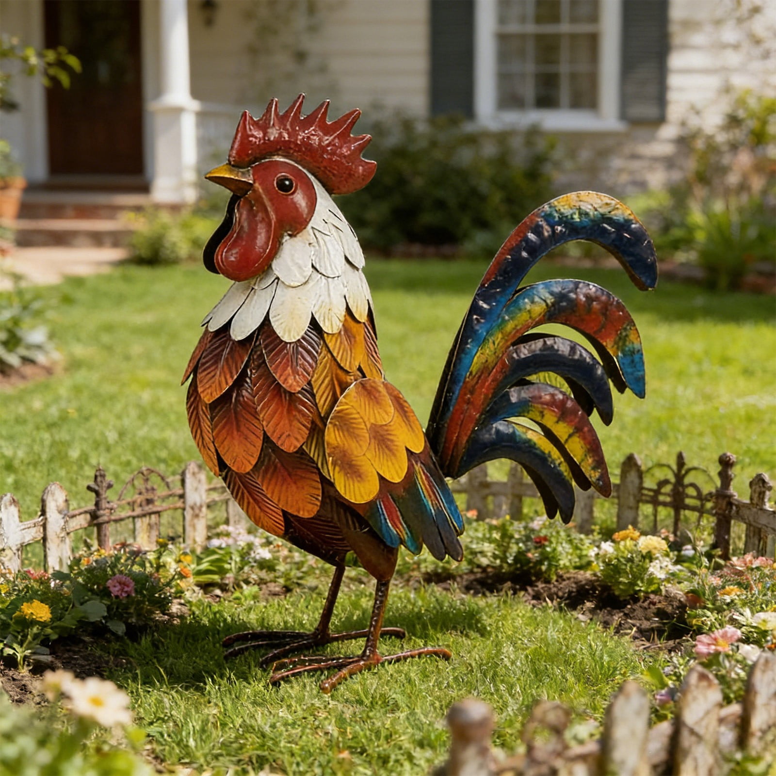 Pxyqht Iron Stereoscopic Rooster Ornament Outdoor Garden Courtyard Decoration Simulation Metal Yard Art Farmhouse Statue 10x13in