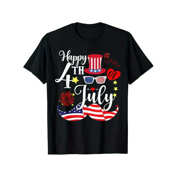 Happy 4th of July Patriotic American Flag Fashion Glasses Graphic T-Shirt - Black with Red White Blue Stars & Stripes Print, Unisex Casual Short Sleeve Round Neck Tee