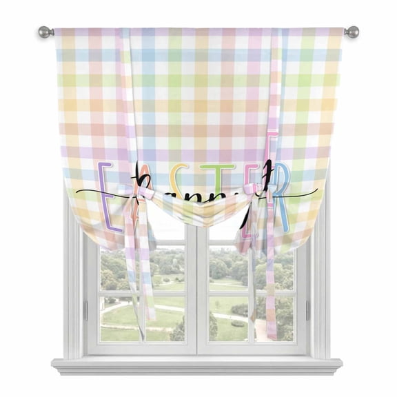 Easter Balloon Curtains for Bedroom/Front Door/Bathroom, Colorful Checkered Plaid Spring Gingham Textured Tie Up Curtains 63 Inch Length Light Filtering Kitchen Curtains Shades for Windows 46"x63"