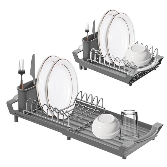 VEGCOO Expandable Dish Drying Rack, Compact Small Dish Rack with Cutlery Holder, Space Saving Dish Drainer Rack for Kitchen Counter Organizers, Anti Rust Sink Plate Rack, Gray