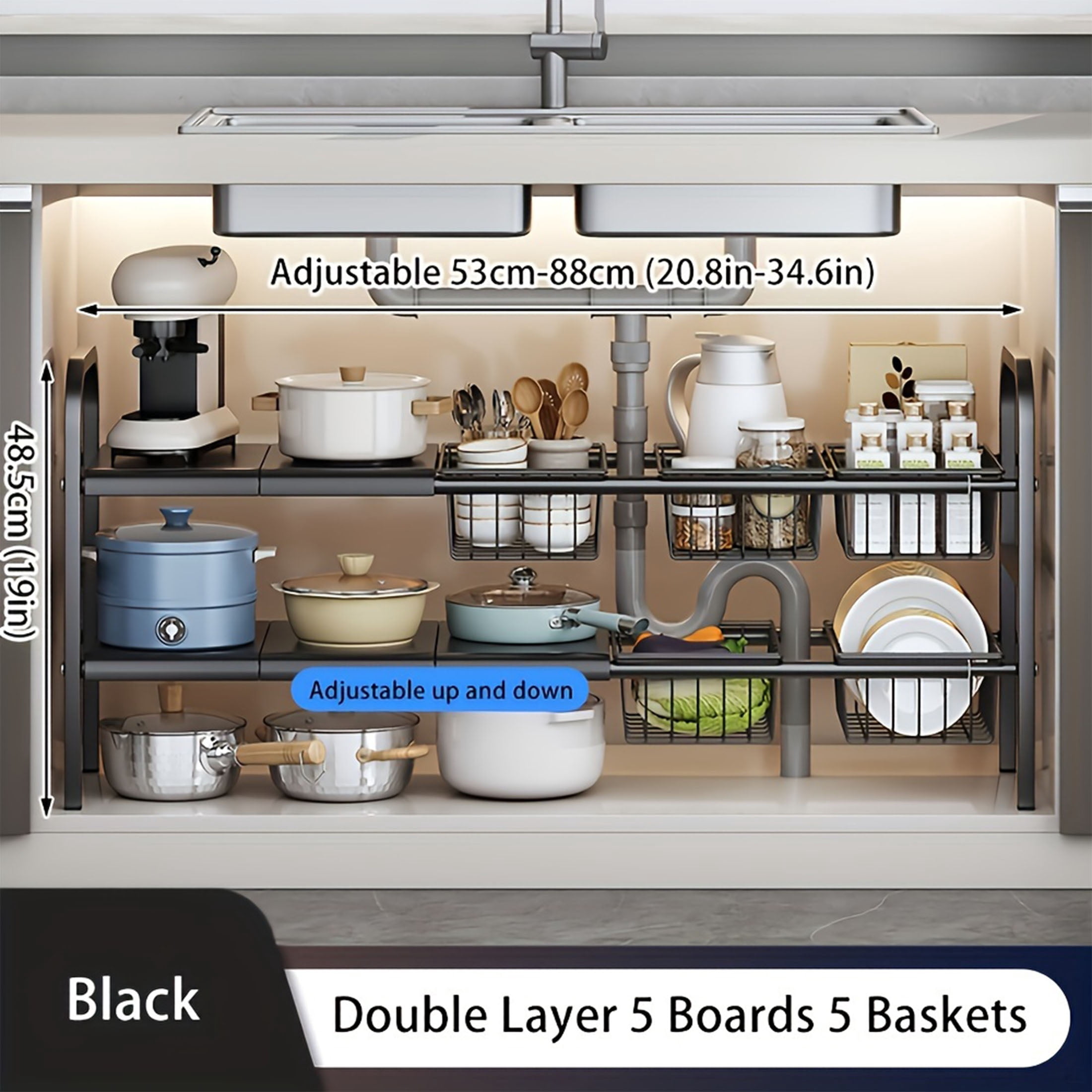 1pc Expandable Under Sink Organizers and Storage  2 Tier Cabinet Shelf Organizer with 5 Detachable Panels 5 baskets for Under Kitchen Bathroom Sink Organizers and Storage