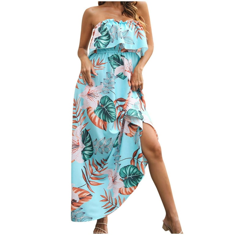 JNGSA Plus Size Dress for Women Hawaiian Dresses for Women Women's Spring  Summer Casual Tube Top Holiday Long Skirt Dress Floral Tight Waist Maxi