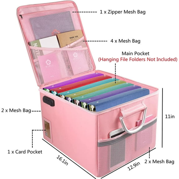 Fireproof Document Box, Fireproof Organizer Safe Box with Lock, Portable Office Storage Cabinet for Hanging Letter/Legal Folder 16.1 x 12.9 x 11in(Pink)
