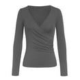 thumbnail image 3 of Arlun,Womens Plain Wrap Stretchy Tight T Shirts Sexy Deep V-Neck Long Sleeve Solid Color Simple Tops Women's Ruched Slim Fit Fall Thin Tshirts Grey M, 3 of 4