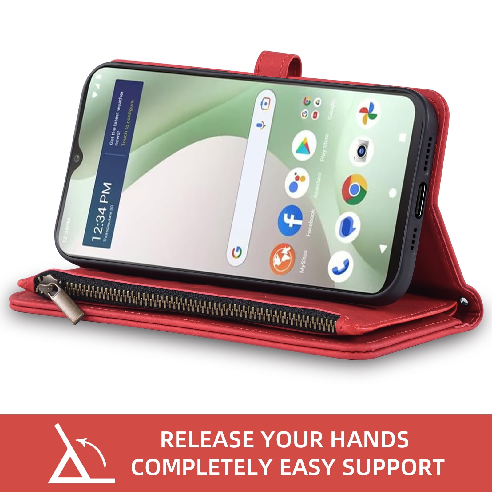 Asuwish Phone Case for Tracfone BLU View 5 B160V Wallet Cover With Tempered Glass Screen Protector Crossbody Wrist Strap Flip Pattern Zipper Credit Card Holder Cell Trac Fone BLUE View5 160V 2024 Red