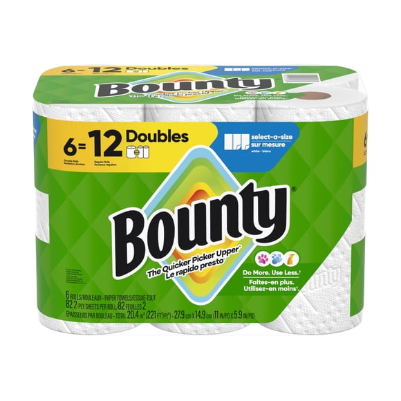 Bounty Toallas de Papel Blancas, 6 Rollos Dobles, Hojas Select A Size, 82 Hojas por Rollo