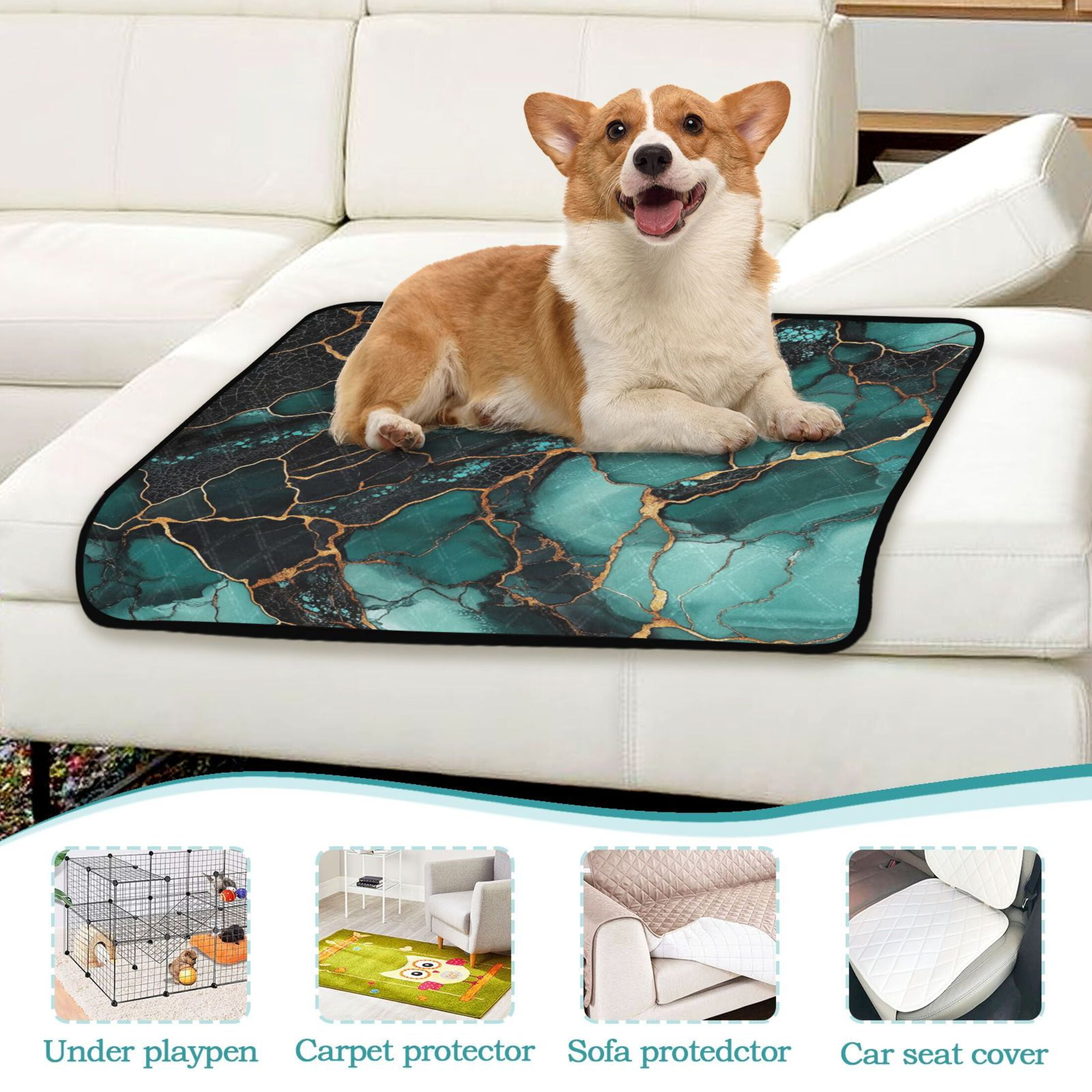 Qxltty Dark Green Gild Marbles Cat litter Pads Pet Set of 2 Diaper Mats Center Anti-leakage Layer Absorbent Soft and Comfortable