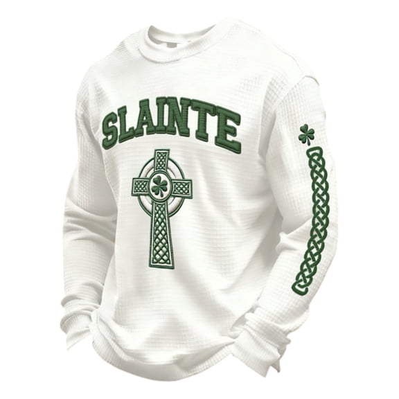 IWRICH Men's St. Patrick's Day Printed Waffle T-Shirt Waffle Slainte Irish Celtic Cross Tops Long Sleeve Crew Neck Tees White XL