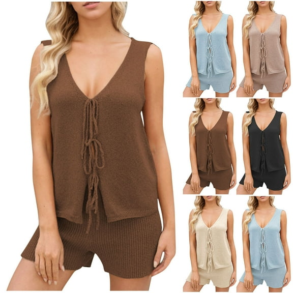 Miluxas Women 2 Piece Outfit Knit V Neck Sleeveless Tie Tops Slim Fit Shorts Sets Solid Color Going Out Vacation Sets Khaki XL(XL)