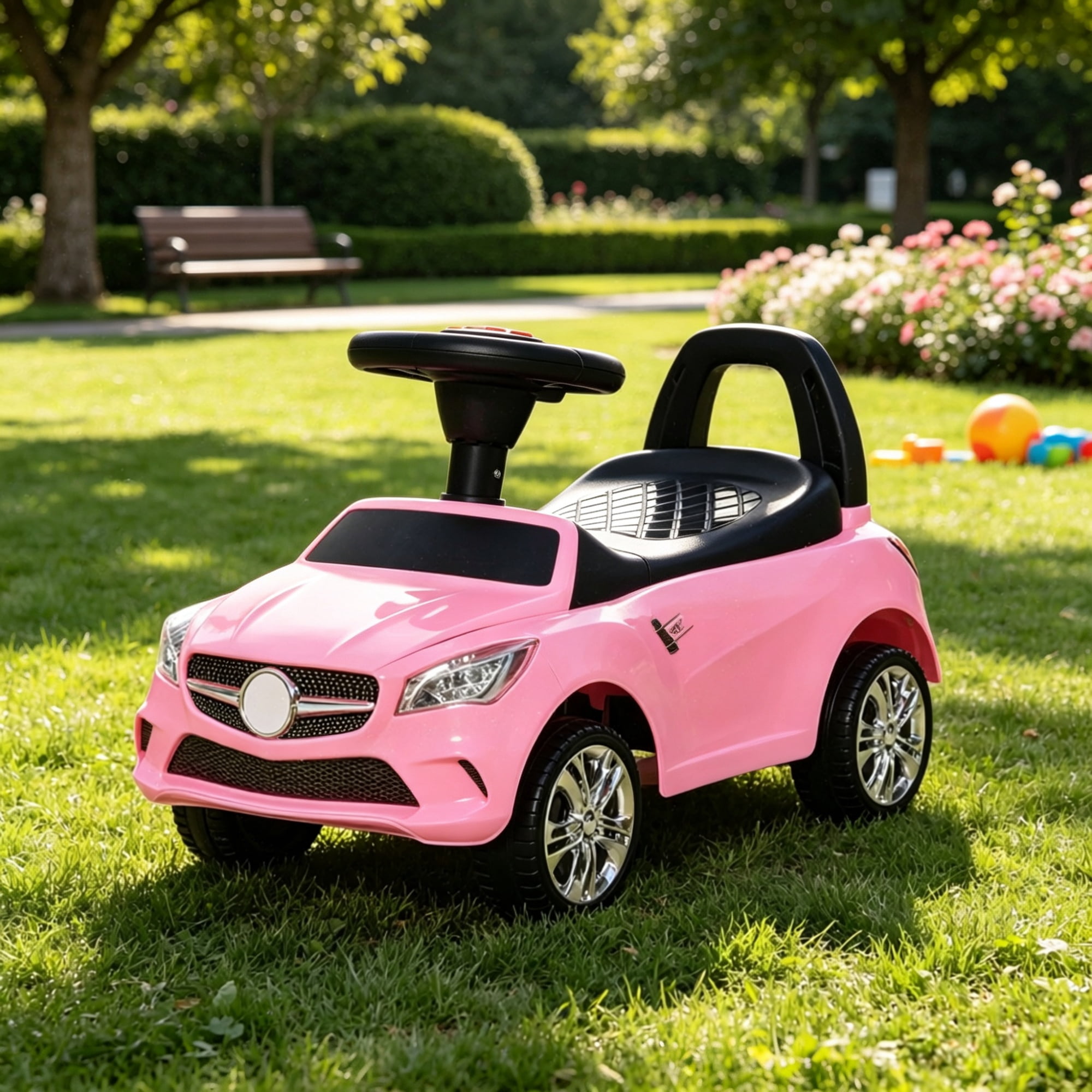 Toddler Foot-to-Floor Ride-On Push Car: Kids Sliding Walking Toy with Functional Horn, Music, Headlights & Hidden Storage Space, Pink