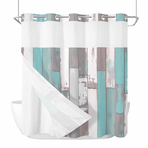 No Hook Shower Curtain, Turquoise Gray Standard Shower Curtains with Snap in Liner, Country Retro Mottled Texture Wood Grain Waterproof Washable Fabric Bathroom Curtain Sets, 66"W x 72"L
