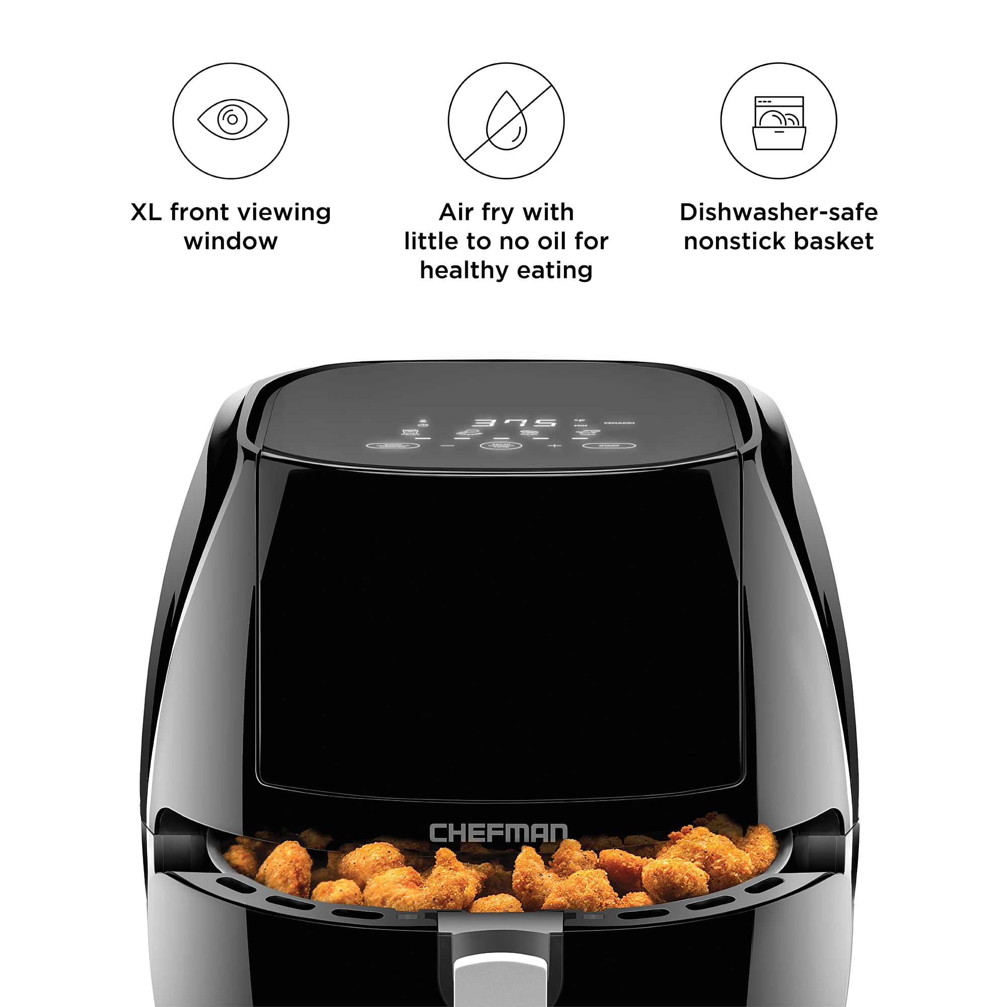  Chefman Air Fryer 8 Qt with Probe Thermometer, 8 Preset  Functions, 1-Touch Digital Display Compact Cooker, Extra Large Nonstick  Square Air Fryer Basket with Window, Dishwasher-Safe Parts, Black : Home 