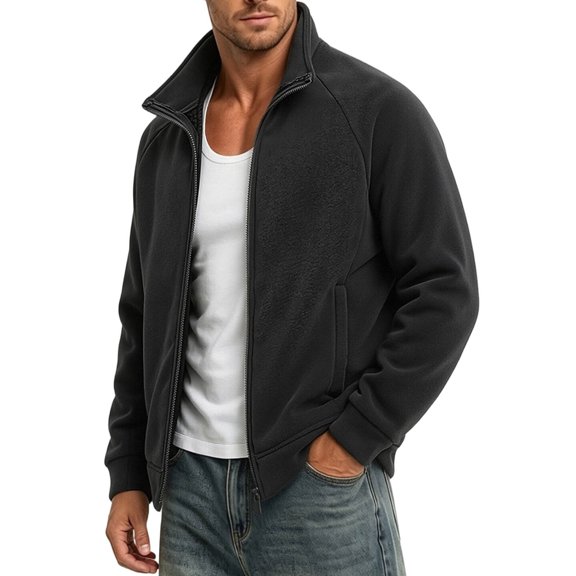 BRGZLK Men's Fleece Jacket Stand Collar Full Zip Long Sleeve Baggy Plus Size Warm Coat with Pockets Fall Winter Fashion Coats 2026 Black L