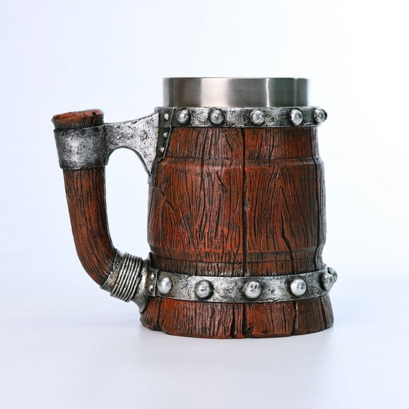 Nordic Viking Beer Mug, Large Resin   Stainless Steel Viking Drinking Cup, Wood Style Beer Mug, Norse Mythology Beer Stein Mug Barrel, Cool Decor for Home Nordic Norse Restaurant Vintage Bar - 20 OZ