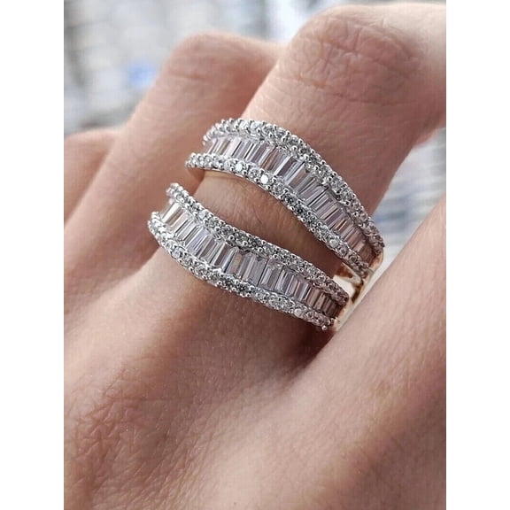 Rag Jewels 2.40 Ctw Round Cut White Diamond Wedding Anniversary Curved Chevron Enhancer Guard Band Ring 14K White Gold Plated 925 Sterling Silver 925 Sterling Silver -4