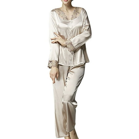 

TFDZ Pajama Set For Women Pajama Sets For Women Fashion Silk Womens Solid Color Satin Button-Down Lace Pajamas Set Sleepwear Yellow