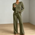 thumbnail image 2 of Women's 2 Piece Loungewear Outfits Ribbed Knit V Neck Long Sleeve Top and Wide Leg Pants Sets Soft Warm Fall Winter Casual Tracksuit Army Green, 2 of 7