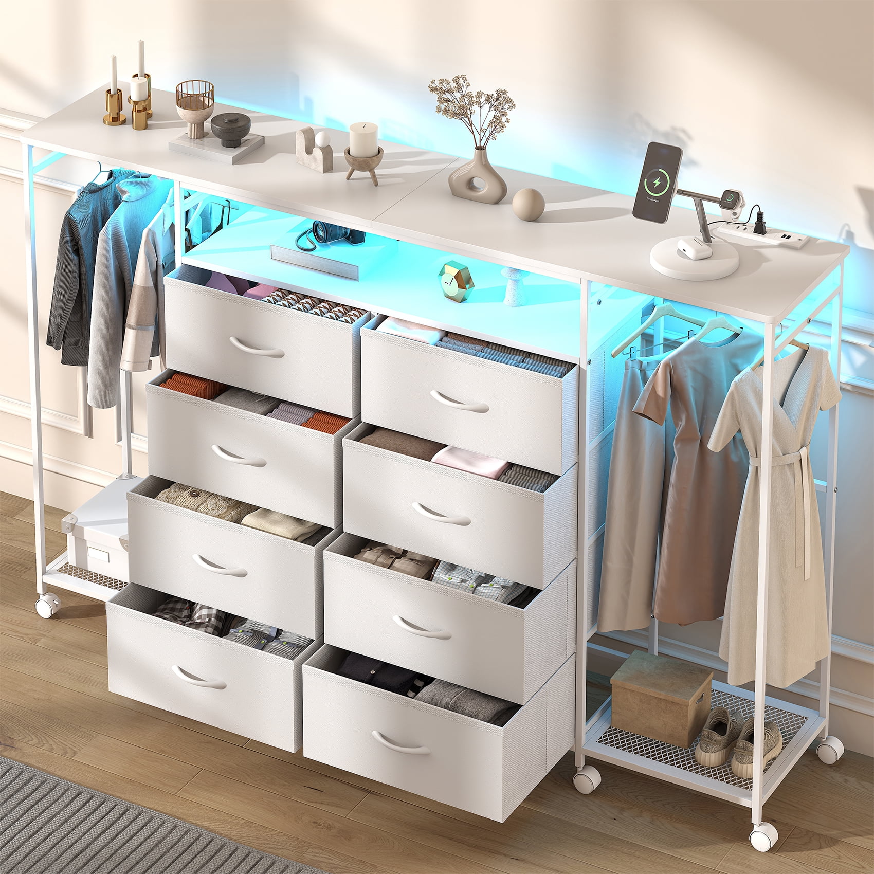 Frmobepts Dresser with Clothes Rack, 8 Drawers Dresser with Charging Station & LED Lights, White Storage Unit with Wheels for Bedroom, Closet