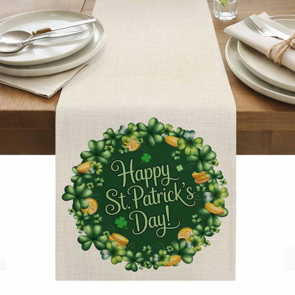 St Patricks Day Table Runner - 36 Inch Long, Kitchen Dining Table Runner Dresser Scarves, Spring Gold Coin Green Shamrock on Linen Farmhouse Decor for Coffee Tables Wedding Party Banquet