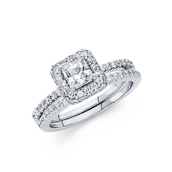 CZ Princess Halo Engagement Ring & Wedding Band 14k White Gold CZ Bridal Rings Set Side Stones Size 7