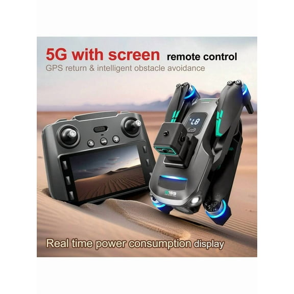 S159 GPS Drone with 5.9" Display Remote, 4K Camera 4-Way Obstacle Avoidance, Brushless Motors, Auto Return, 2 Batteries for Beginners Adults, Black