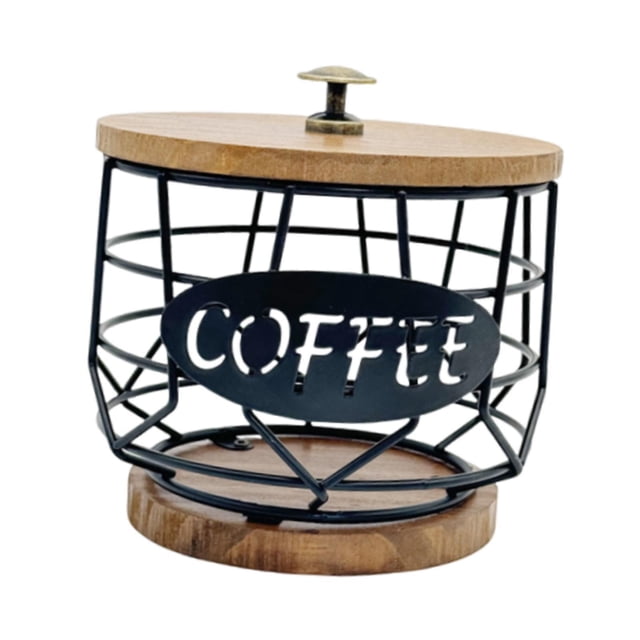 Soporte para cápsulas de café, de metal con base de madera, moderno organizador de cestas de almacenamiento con forma de taza para oficina y cocina.