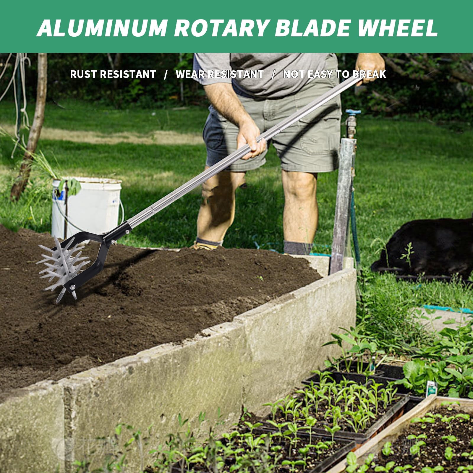Rotary Cultivator Garden Tool  Adjustable Hand Tiller Long Handle For Aerating Planting And Mixing Soil Or Reseeding Grass