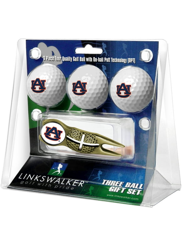 Auburn Tigers 3-Pack Golf Ball Gift Set with Gold Crosshair Divot Tool