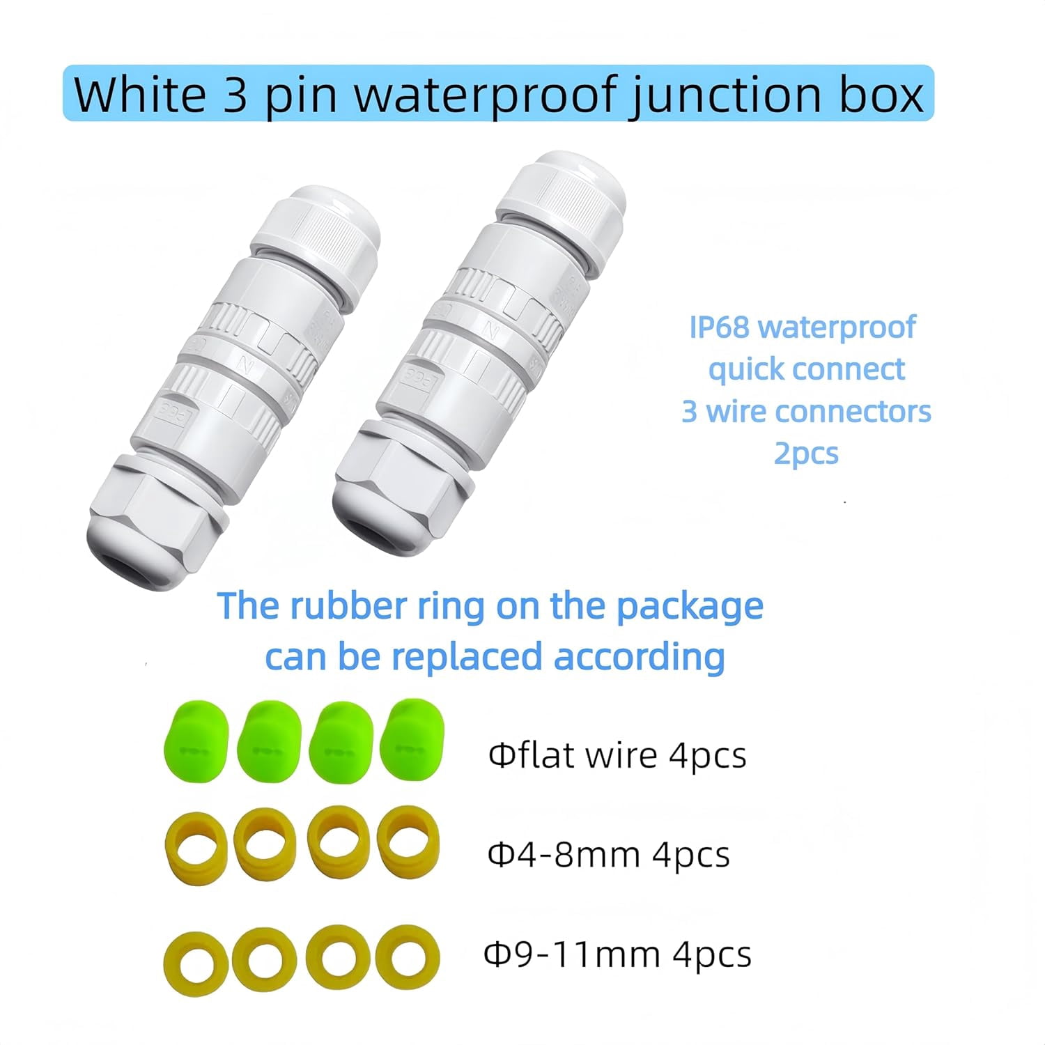 Waterproof 3-wire connector for permanent outdoor lights, white waterproof junction box quick connect connector suitable for flat and round wires, string lights, landscaping, electrical boxes (2 pcs)