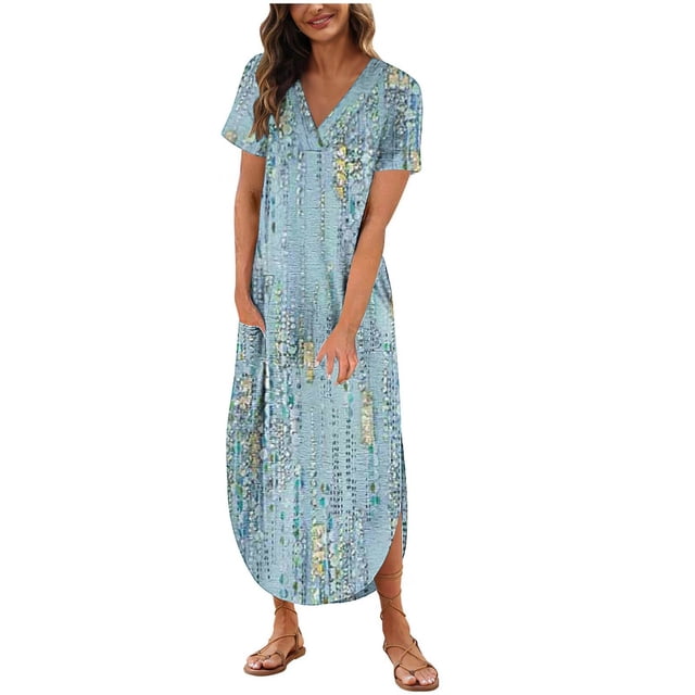 Vestido de Manga Corta para las Mujeres, Vestido Casual de Cuello en V de Bolsillo de Impresión de Moda Sexy Hecho de Poliéster Ligero para el Verano, Vestido de Verano para las Mujeres