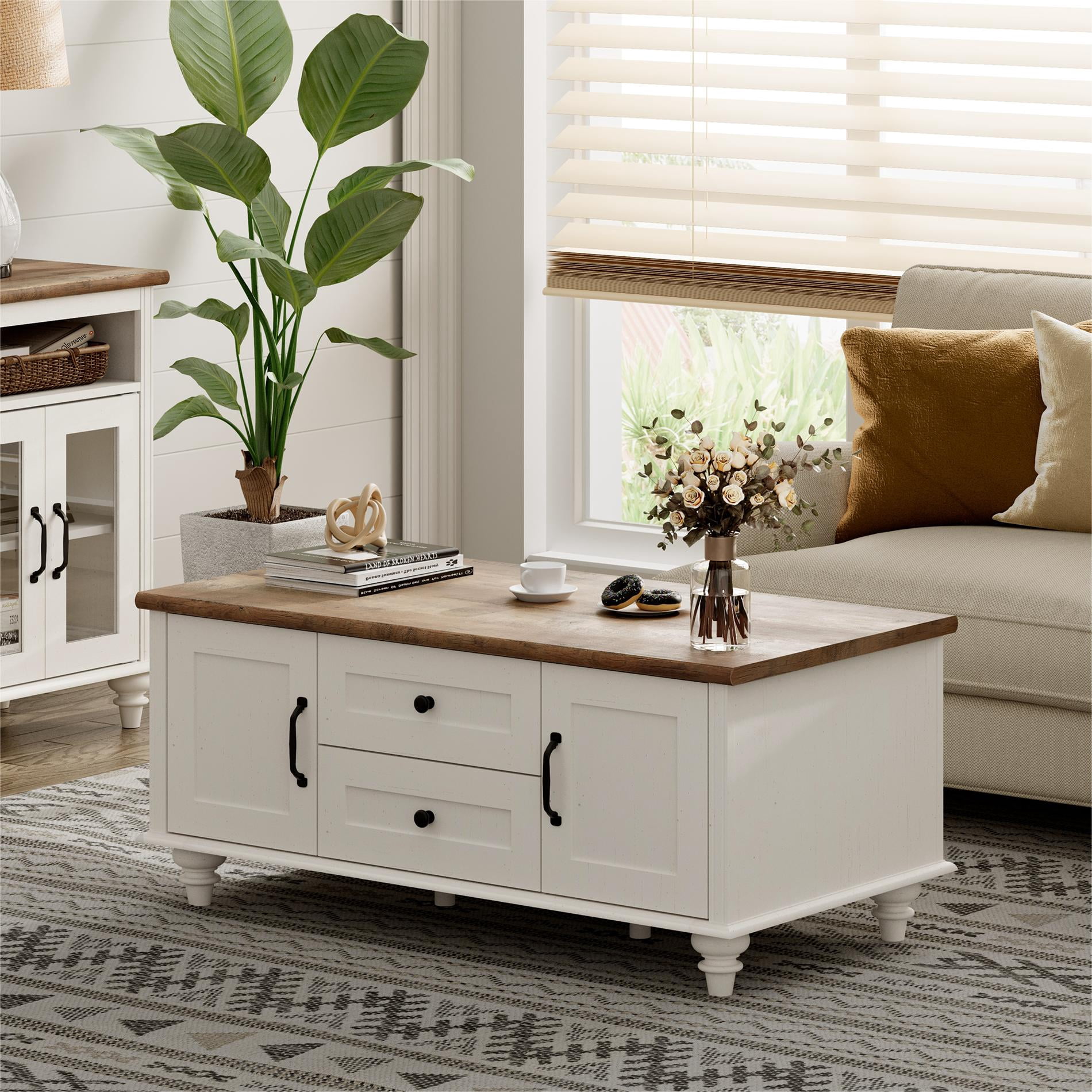 Farmhouse Coffee Table with Storage Cabinet & Drawer, White Center Table for Living Room
