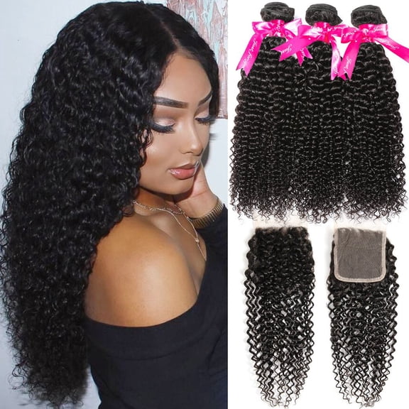 Kinky Curly Human Hair 3 Bundles with 4x4 Lace Closure 100g Each Bundle Unprocessed Virgin Hair