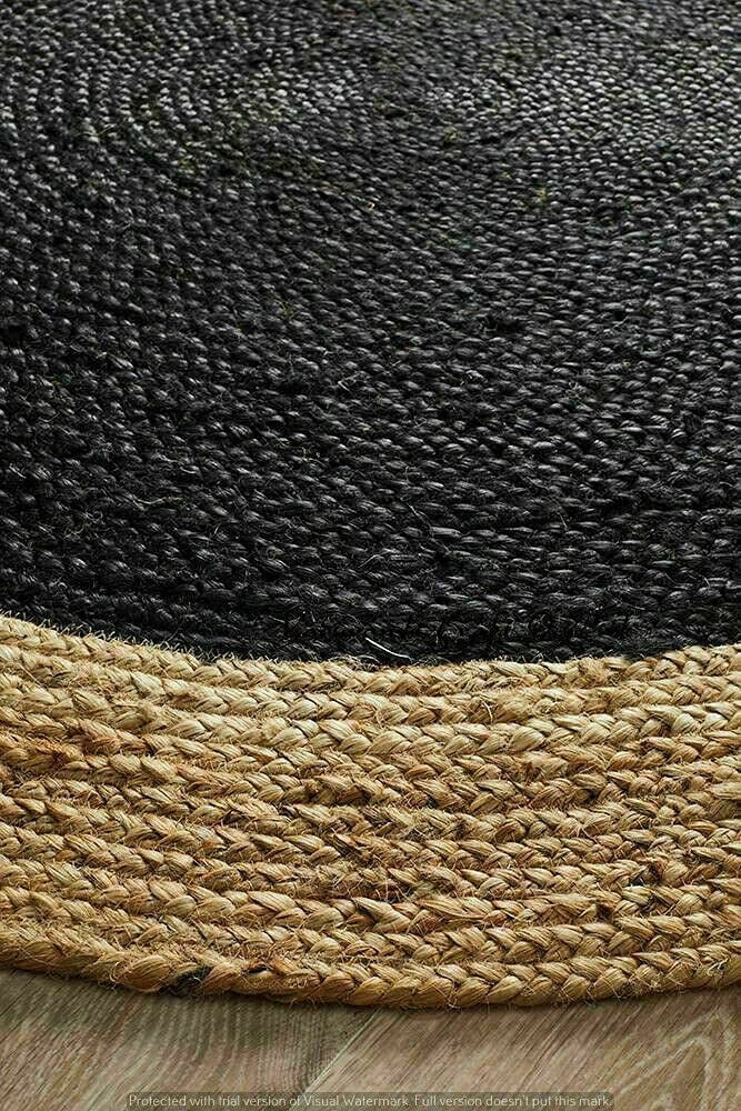 Natural Jute Rug Hand Braided Round Area Rug Handmade Rug for Home Decor (7 Feet Round (84x84 Inches), Black + Beige Border)