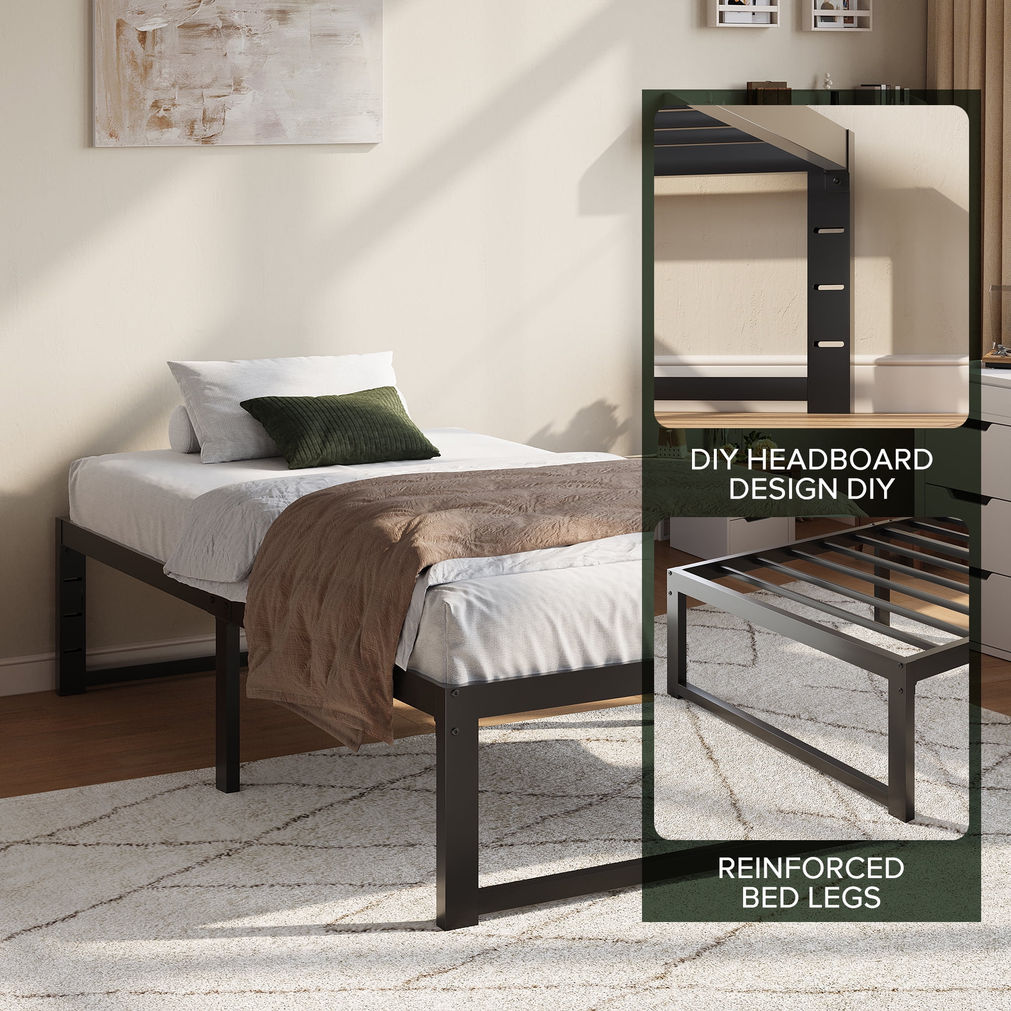 Einfach 14" Twin Bed Frame, Heavy Duty Metal Slat Platform with Ample Underbed Storage, Noise Free, Black