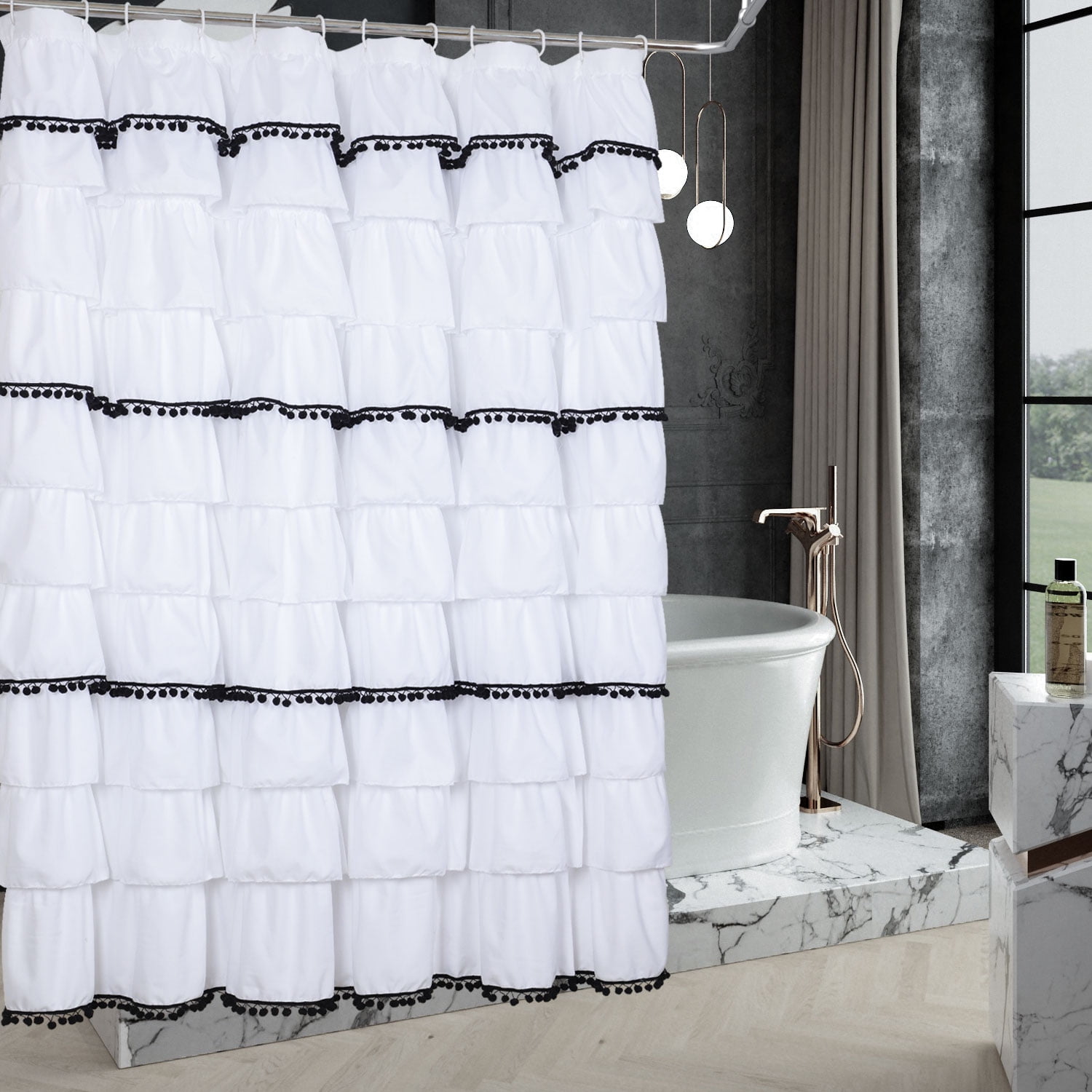 Homechoice White Handmade Ruffle with Black POM POM Shower Curtain