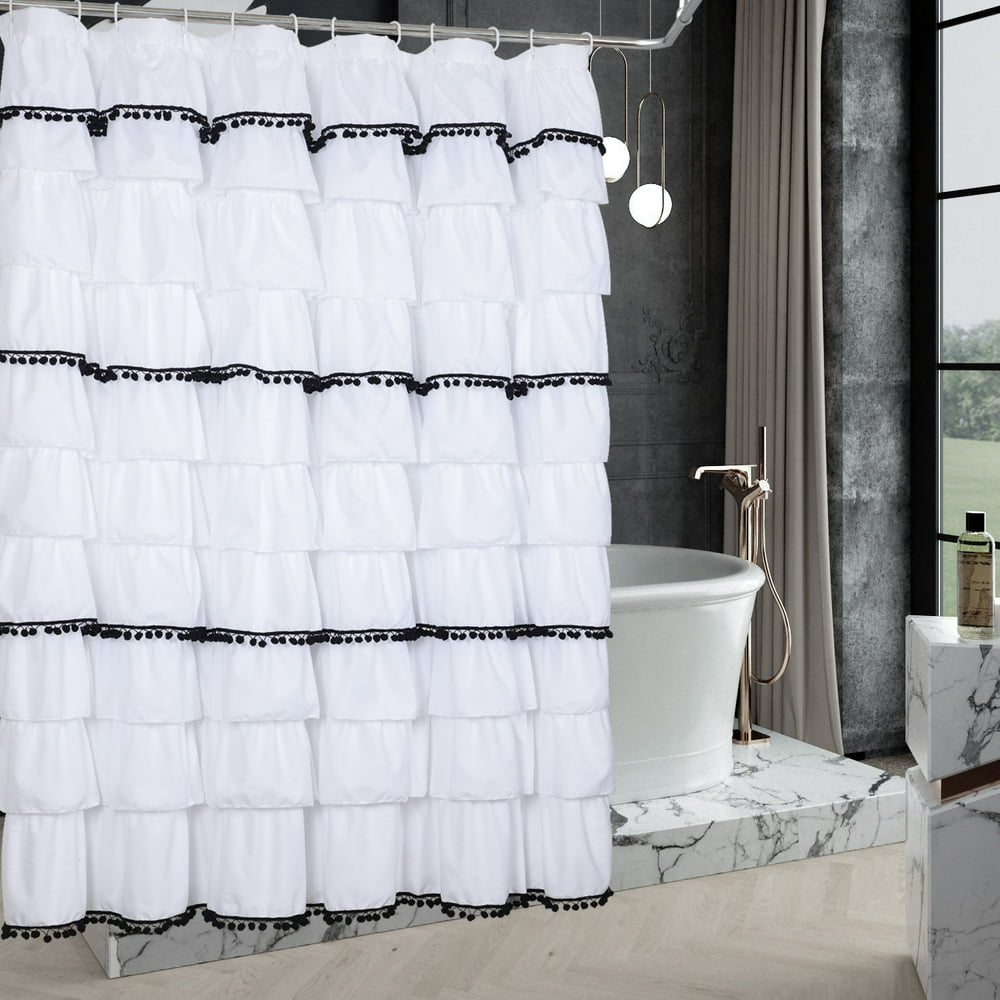Homechoice White Handmade Ruffle with Black POM POM Shower Curtain Farmhouse Fabric Cloth
