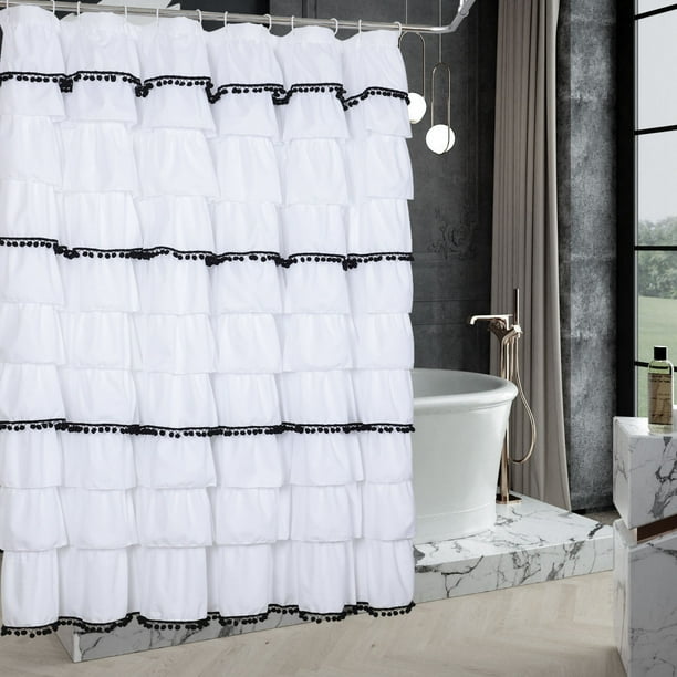 Homechoice White Handmade Ruffle with Black POM POM Shower Curtain