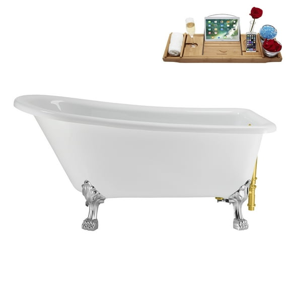 58" Streamline N4860CH-GLD Soaking Clawfoot Tub and Tray With External Drain in Polished Gold and Polished Chrome Clawfeet