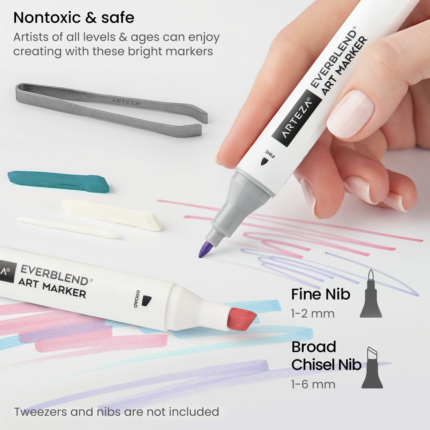 Arteza EverBlend Ultra Markers 12/Pkg-Pastel, Broad Chisel And Fine Tip