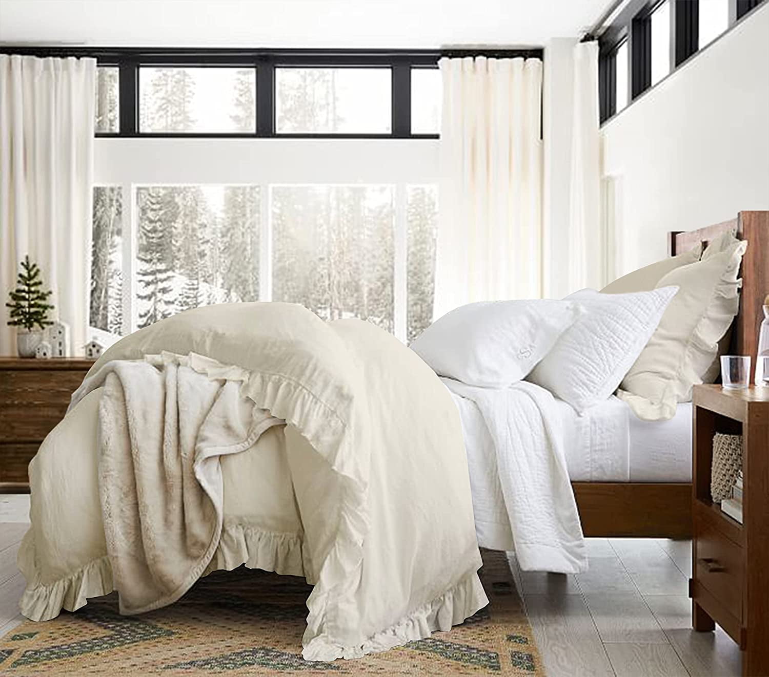 Delara Organic Cotton Duvet Set, 300 Thread Count, GOTS Certified, 3-Piece Ruffled Duvet cover with 2 Shams