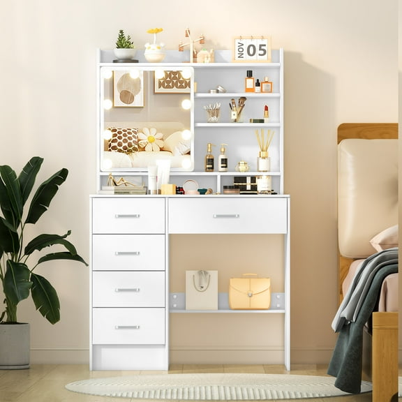 Caulitar White Vanity Desk with Sliding Mirror and Lights, 4 Shelves, 5 Drawers, Makeup Vanity for Bedroom