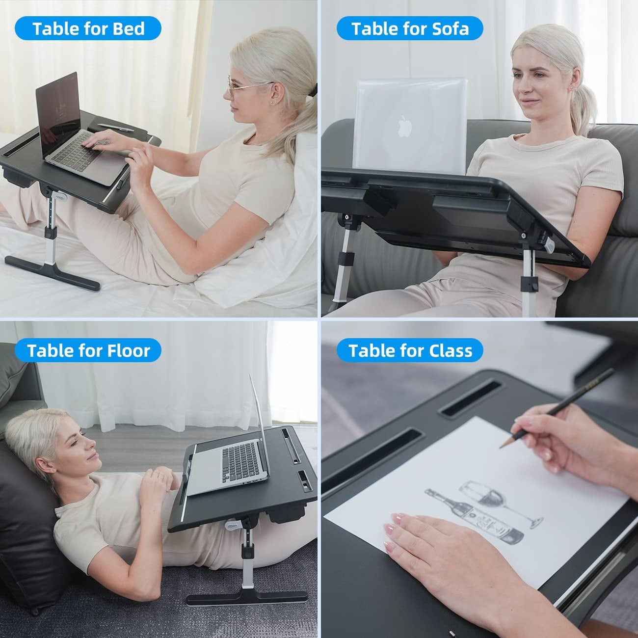 Laptop Bed Tray Table [luxury Pvc Leather]  Adjustable Desk For Foldable Lap With 2 Drawers Multifunctional Working Eating Writing Gaming Drawing (black)